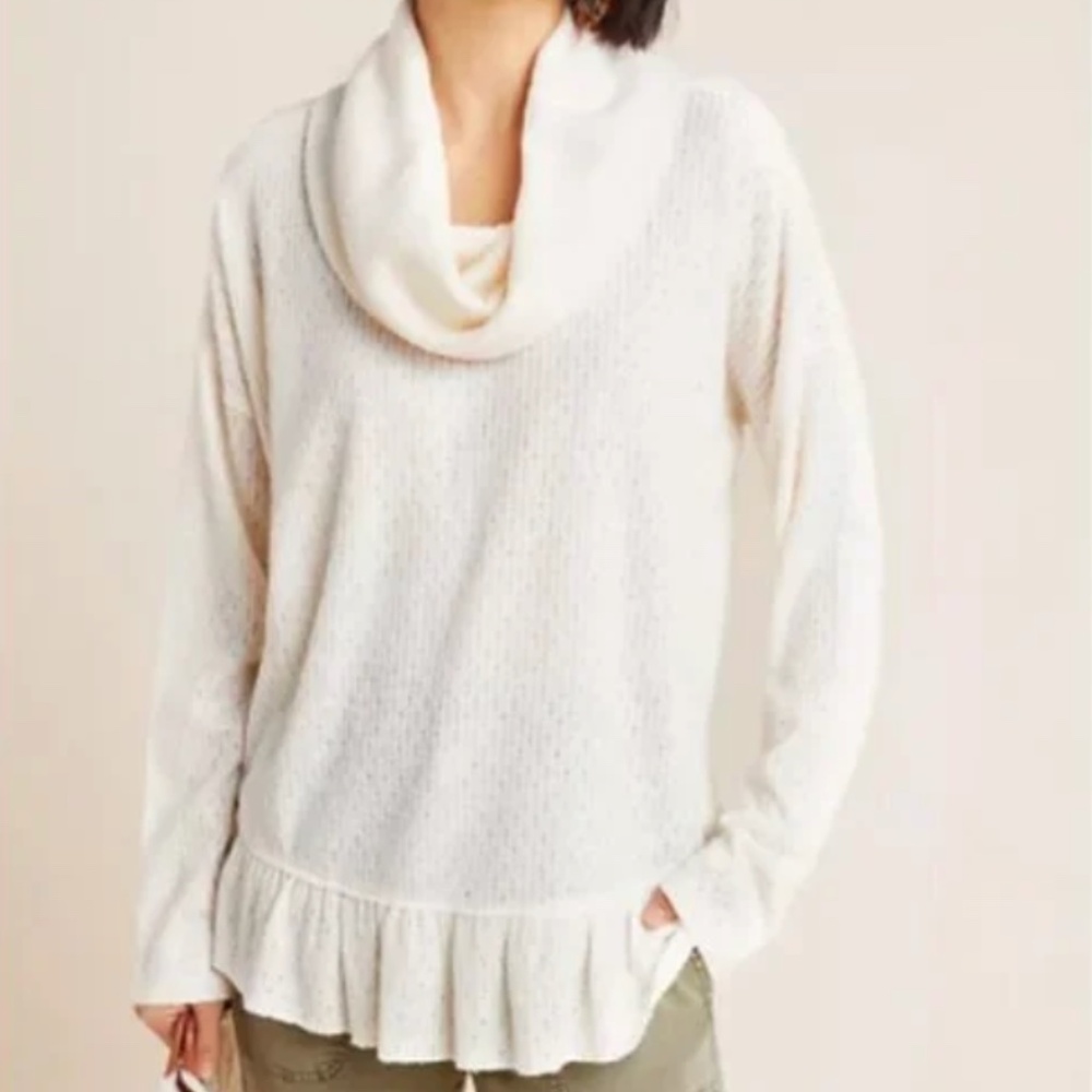 Maeve by Anthropologie Addie Ruffled Hacci Knit Cowl Neck Sweater Cream Sz S